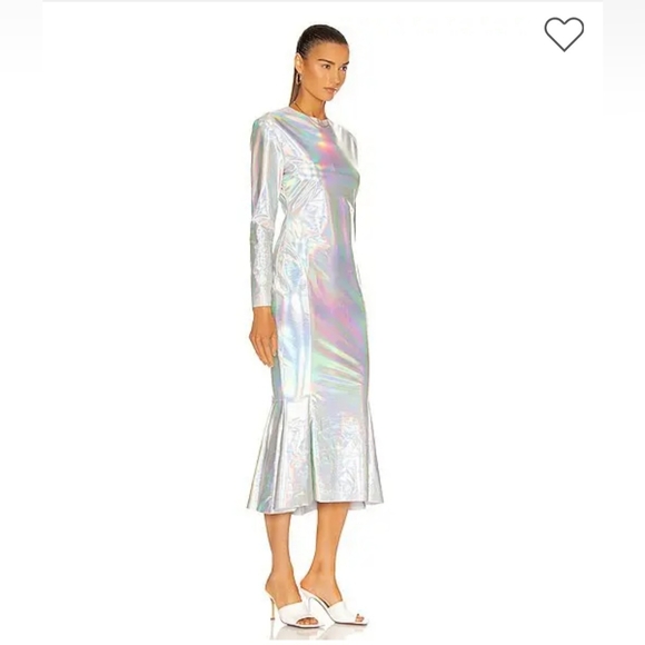 Norma Kamali long sleeve crew fishtail dress to midcalf in metallic silver - Picture 2 of 9